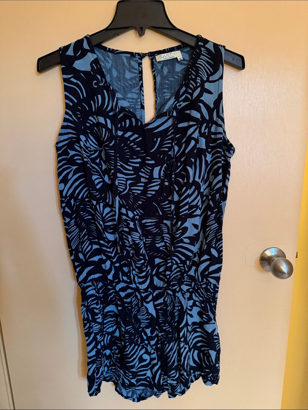 Santiki Blue Tropical Print Sleeveless Romper with Cinched Waist